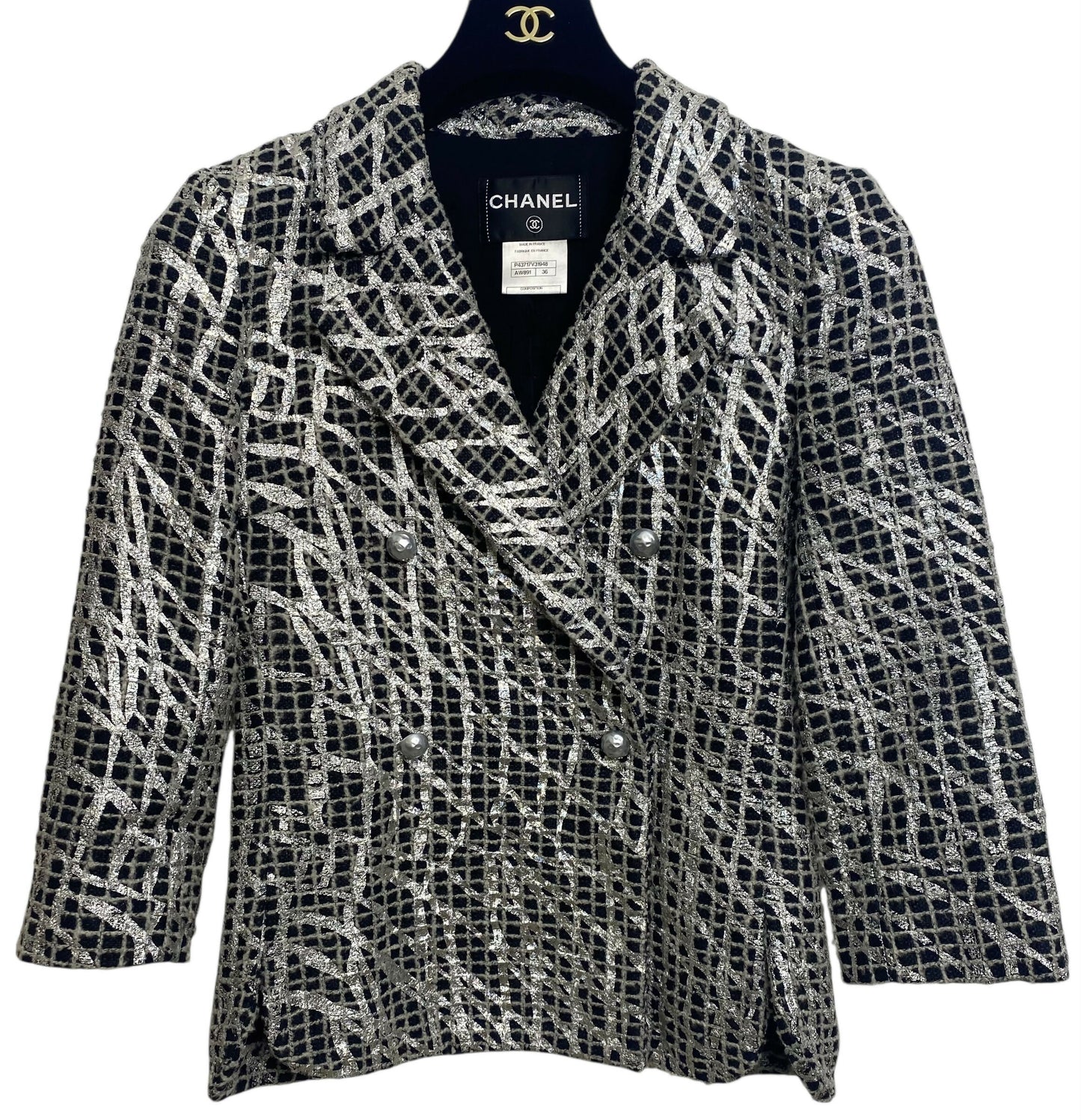Chanel 12P Double Breasted Silver Metallic Graffiti Black Removable Pearls Jacket FR 36