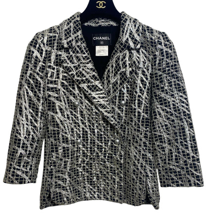 Chanel 12P Double Breasted Silver Metallic Graffiti Black Removable Pearls Jacket FR 36