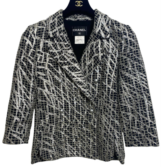 Chanel 12P Double Breasted Silver Metallic Graffiti Black Removable Pearls Jacket FR 36
