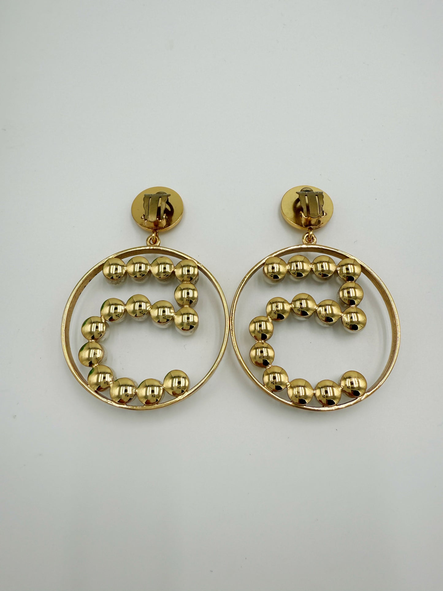 Chanel 1980s Runway Vintage Gold Plated Faux Pearl Circle No.5 Dangle Earrings