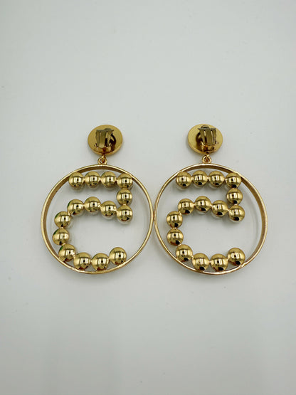 Chanel 1980s Runway Vintage Gold Plated Faux Pearl Circle No.5 Dangle Earrings
