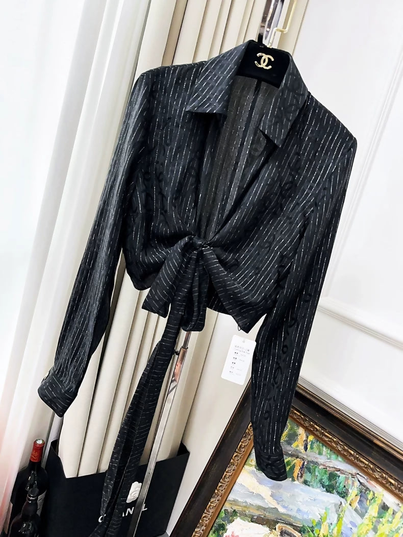 Chanel 23p Black Double C Striped Tie-Waist Shirt