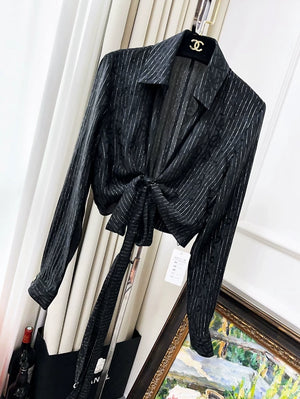 Chanel 23p Black Double C Striped Tie-Waist Shirt