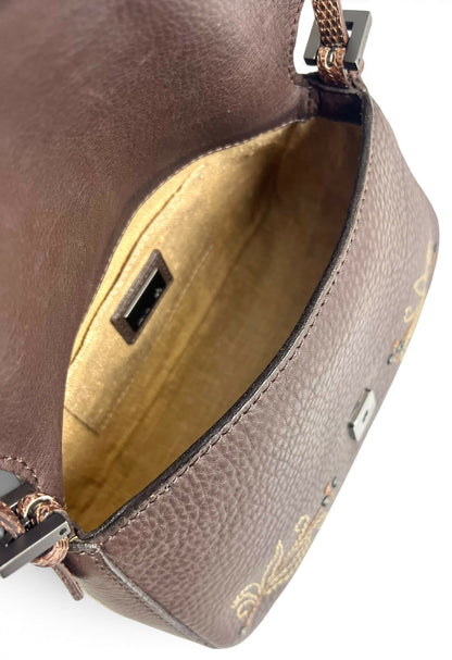 Fendi Limited Edition Dark Brown Leather Lizard Embroidered Mini Mamma Baguette Bag