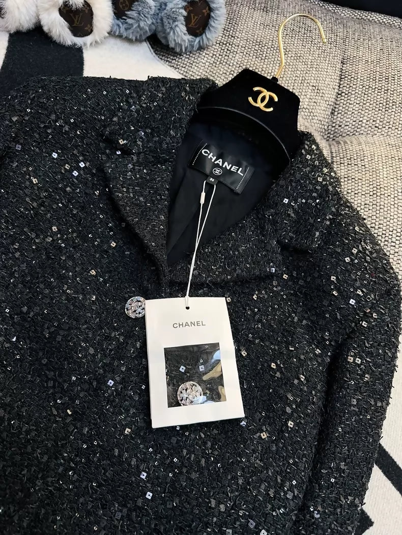 Chanel 24S Black Sequin Tweed Short Jacket