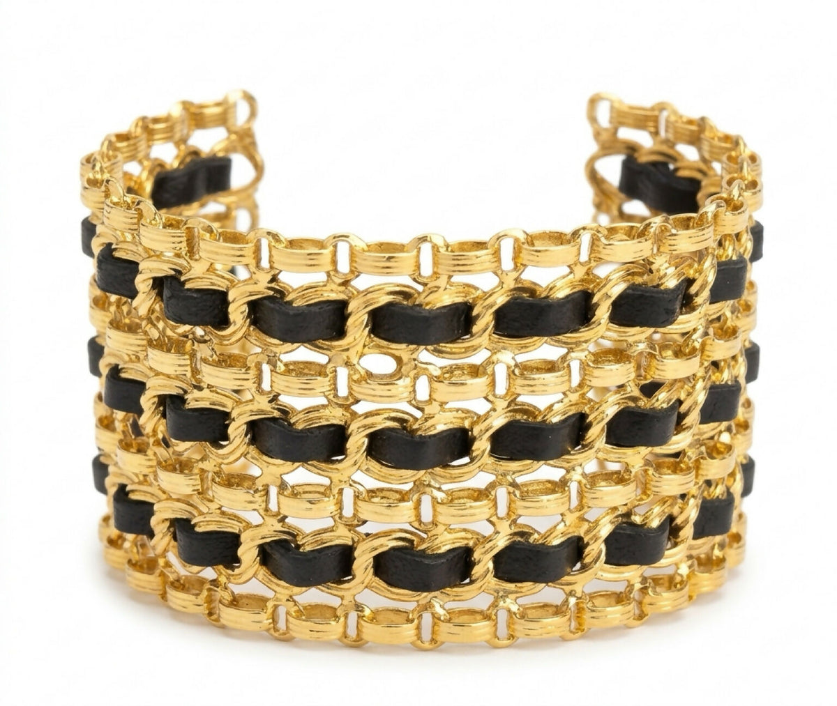 Chanel Wide 24K Gold Plated Black Leather Statement Cuff Bracelet