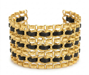 Chanel Wide 24K Gold Plated Black Leather Statement Cuff Bracelet