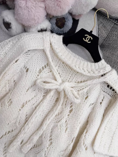 Chanel 21B White Bow Tie Cape Sweater with Heart-Button