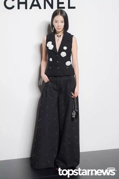 Chanel 23K embossed camellia black wide-leg jeans
