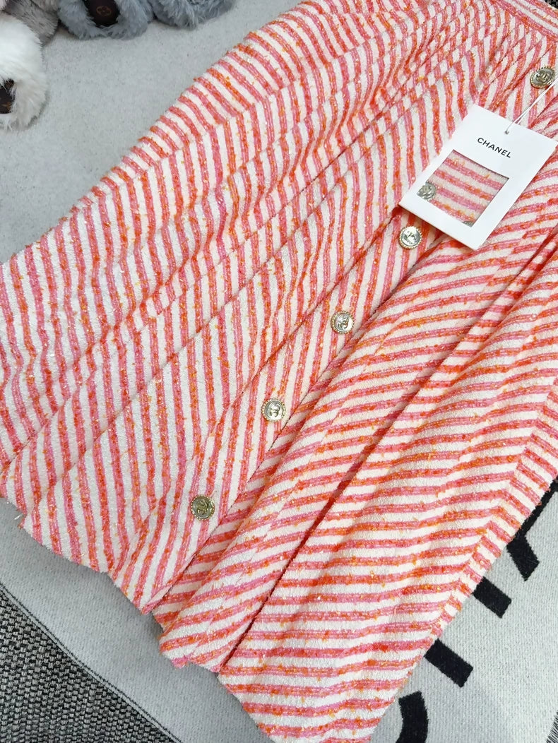 Chanel 21S orange-pink and white striped pleated skirt