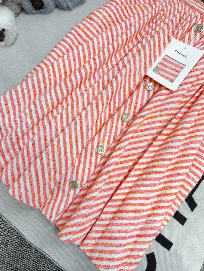 Chanel 21S orange-pink and white striped pleated skirt