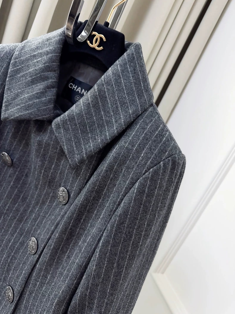 Chanel Grey Pinstriped Long Coat