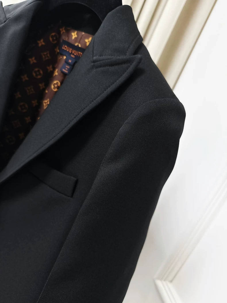 Black Louis Vuitton (LV) suit jacket with brown monogram logo print all over
