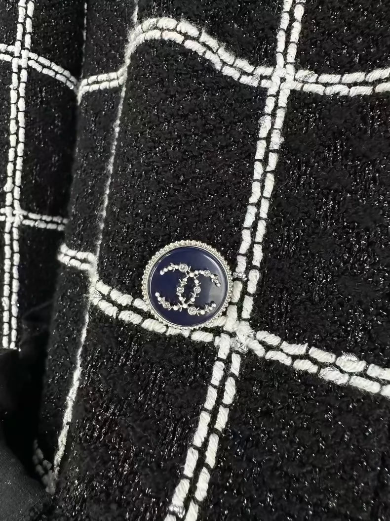Chanel Black and White Check Ruffle Collar Sparkling Jacket