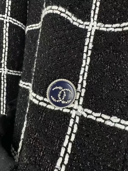 Chanel Black and White Check Ruffle Collar Sparkling Jacket