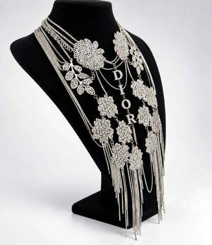 Christian Dior ‘Mata Hari’ Vintage Long Collar Bib Floral Crystal Statement Necklace ultra rare