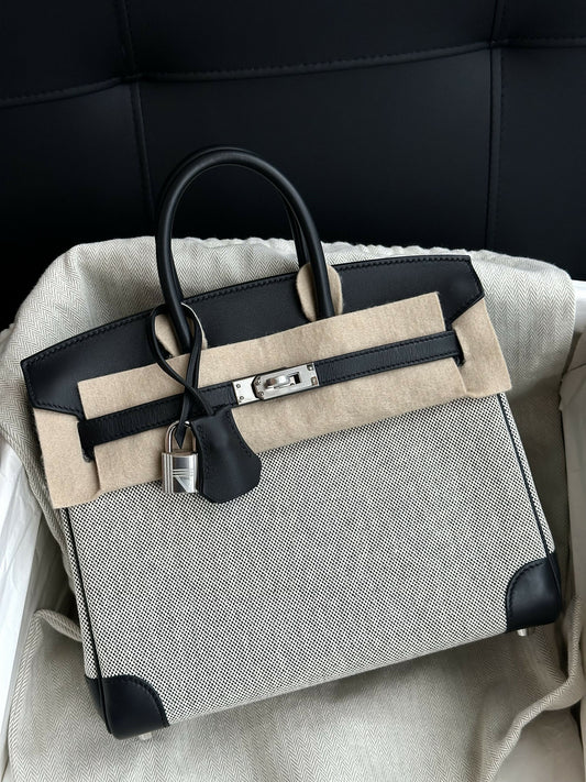 Hermès Birkin 25 Black and White Toile & Leather with Palladium Hardware