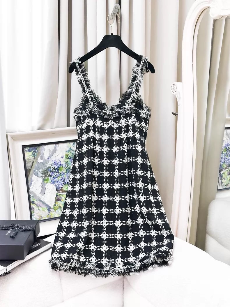 Chanel 07P black and white fringed tweed jacket & dress set