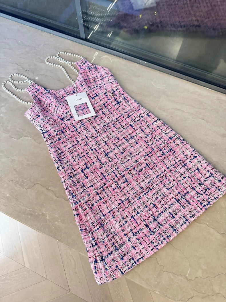 Chanel 23P Pink Tweed Pearl Dress