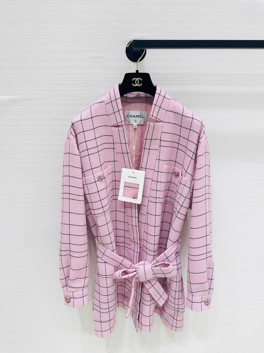 Chanel 24S pink black plaid bathrobe-style belted jacket