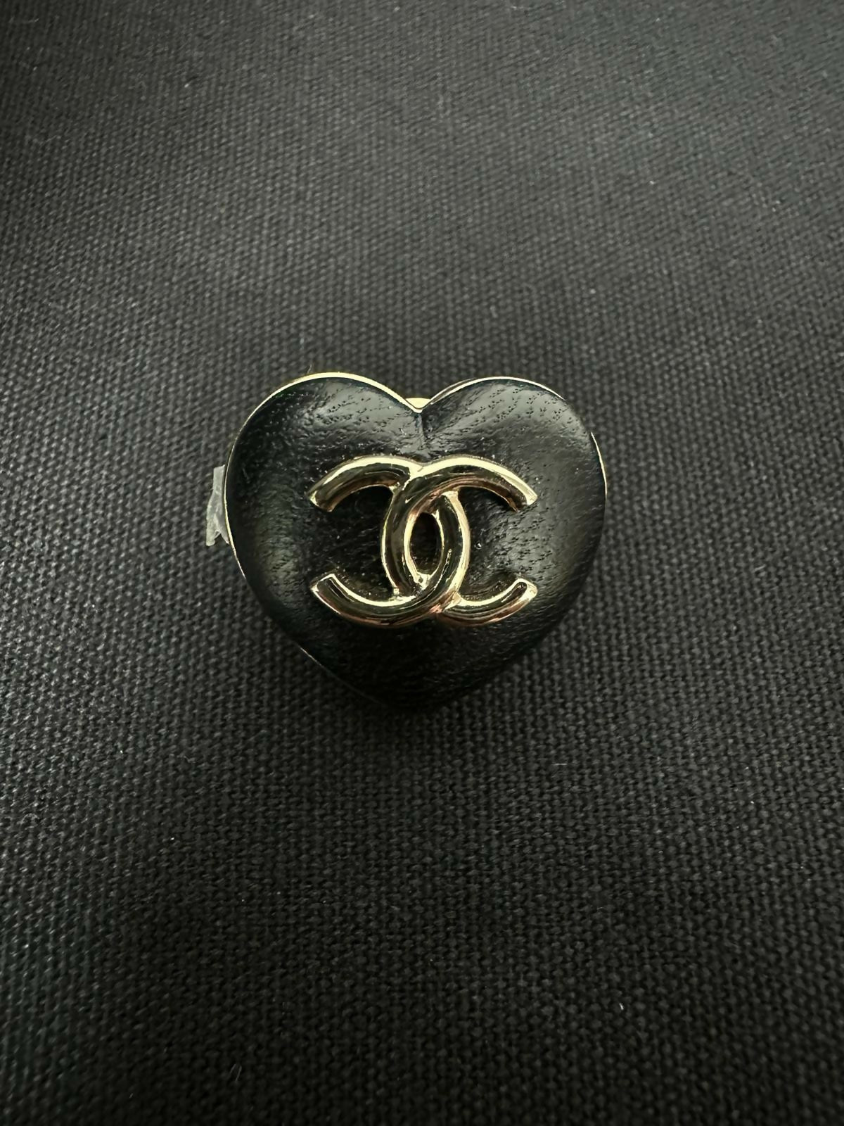 Chanel 22K Metal & Leather Light Gold-Tone & Black Heart Slim Brooch