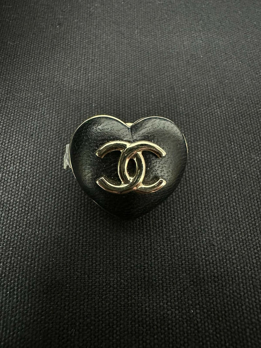 Chanel 22K Metal & Leather Light Gold-Tone & Black Heart Slim Brooch