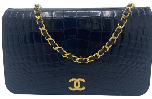 RARE Vintage 1984 Chanel Black Croc Flap Bag 24K Gold Hardware