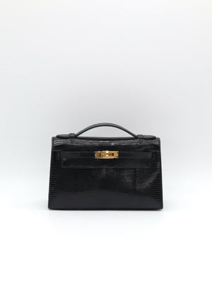 Hermes Kelly Pochette Noir Shiny Nilo Lizard Gold Hardware