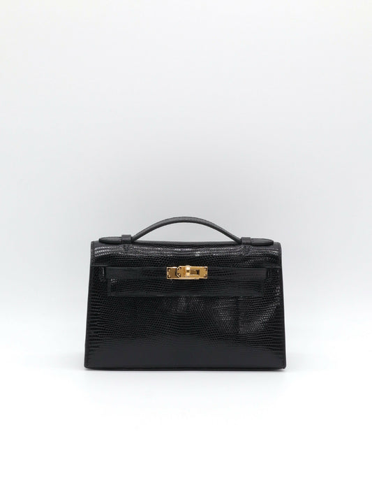 Hermès Kelly Pochette Noir Shiny Nilo Lizard Gold Hardware