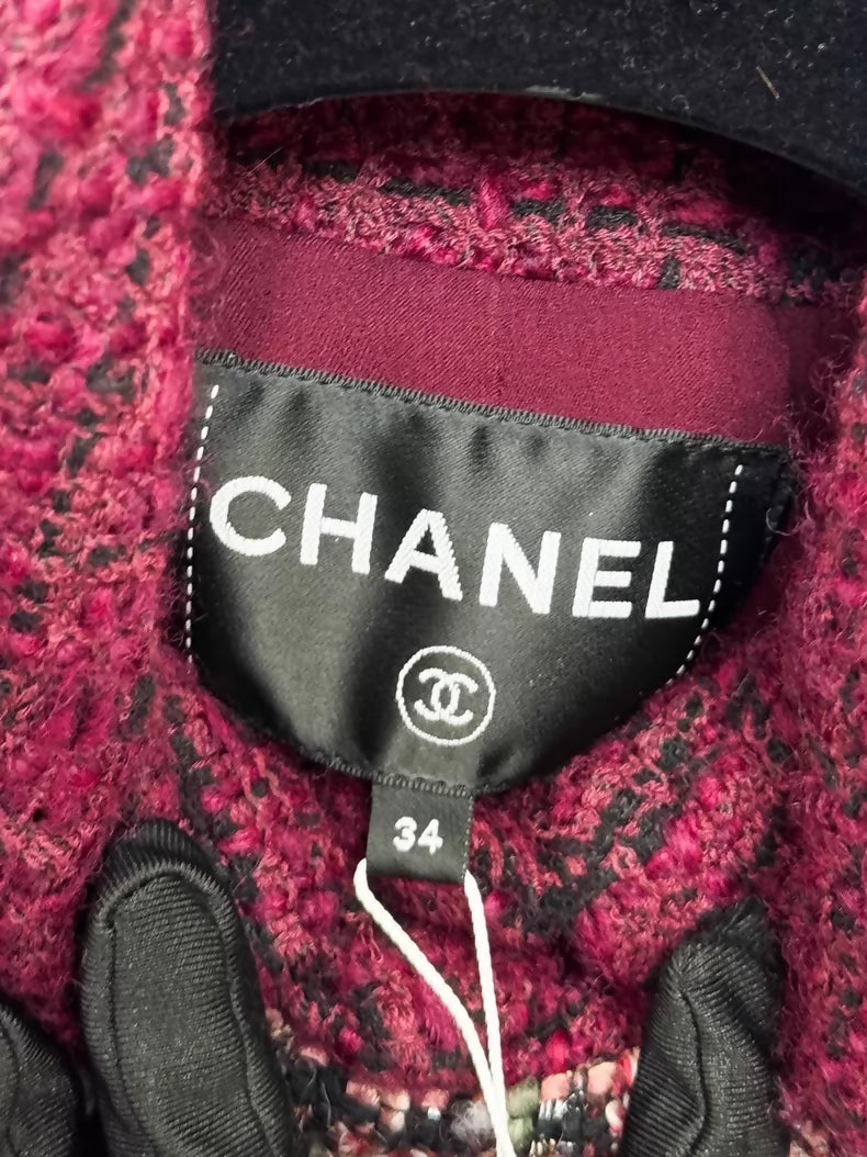 Chanel 23k Burgundy Wool Tweed Turtleneck Jacket with skirt set