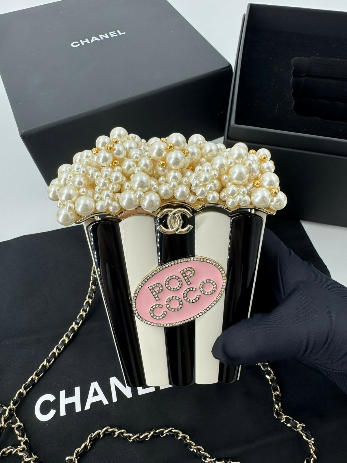 Chanel 2024 Imitation Pearl and Gold-tone Popcorn Minaudière Bag