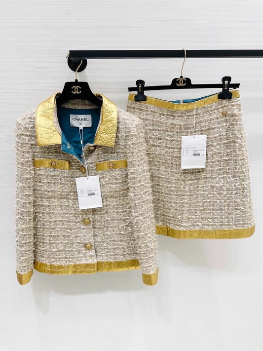 Chanel 19A gold tweed jacket and skirt set