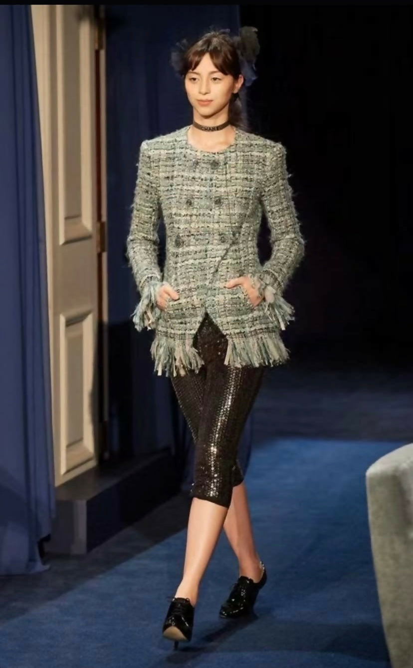 Chanel 17A Paris-Cosmopolite Blue Fantasy Tweed Fringe Jacket FR 44