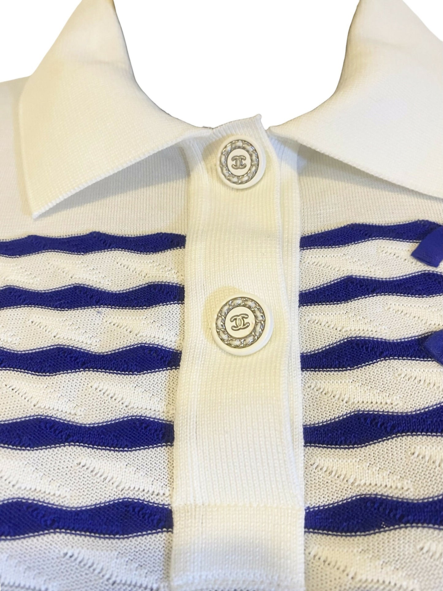 Chanel 19C La Pausa CC Wave Stripe Blue White Polo Shirt FR 36