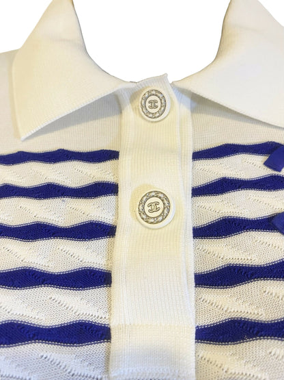 Chanel 19C La Pausa CC Wave Stripe Blue White Polo Shirt FR 36