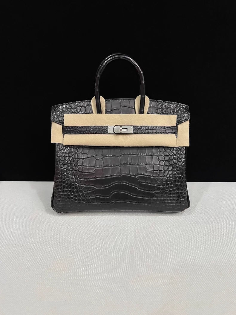 Hermes Birkin 25 black matte crocodile leather brushed palladium hardware