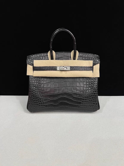 Hermes Birkin 25 black matte crocodile leather brushed palladium hardware