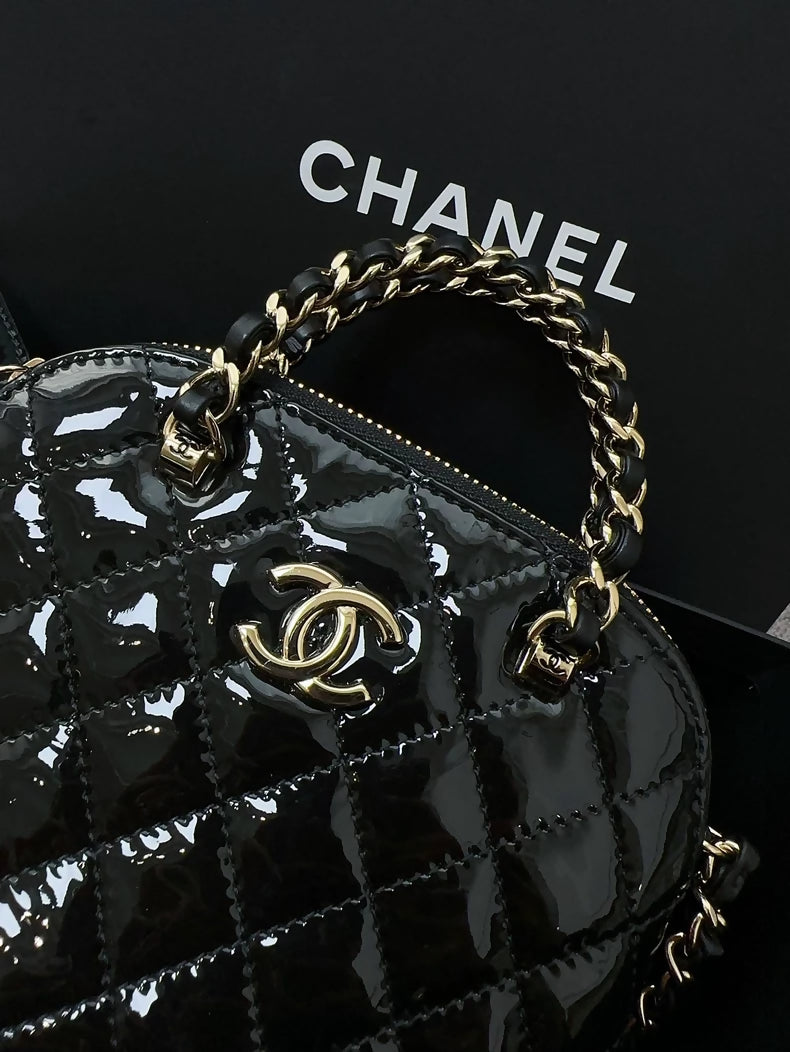 Chanel 23s black patent leather mini shoulder bag with black gold hardware