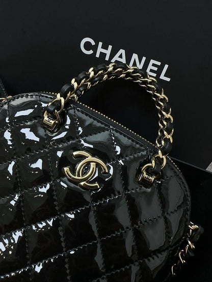 Chanel 23s black patent leather mini shoulder bag with black gold hardware