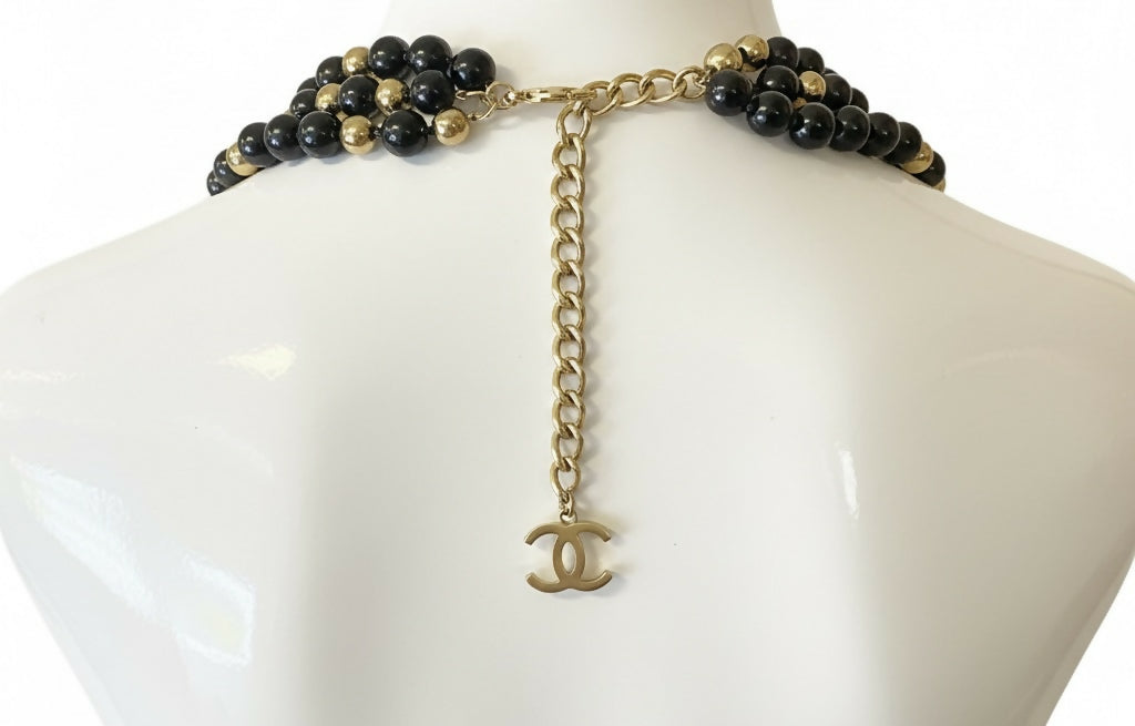 Chanel 16S Airlines 3 Strand 4 CC Extra Long Black Gold Mirror Statement Necklace
