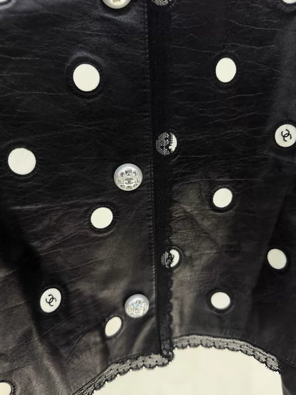 Chanel 23S Black Lace Polka Dot Double C Leather Jacket