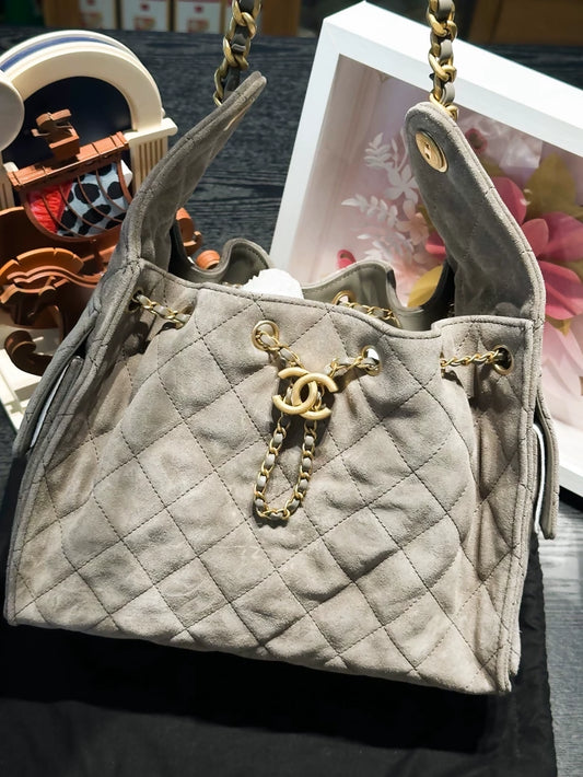 Chanel 25 hobo bag shoulder bag in grey suede with gold hardware