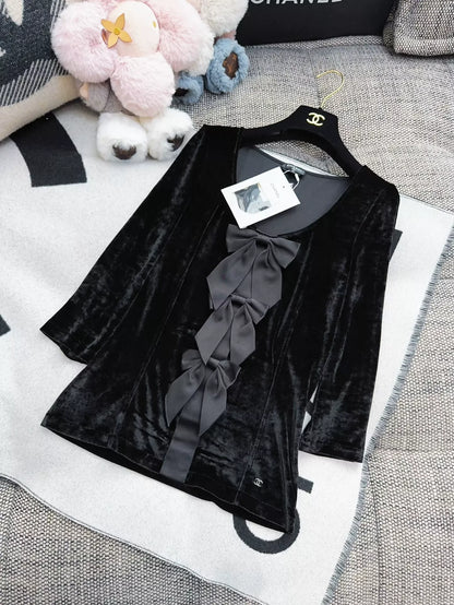 Chanel 25K black velvet bow top