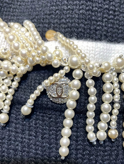 Chanel 21k embellished pearl and rhinestone button blue knit cardigan
