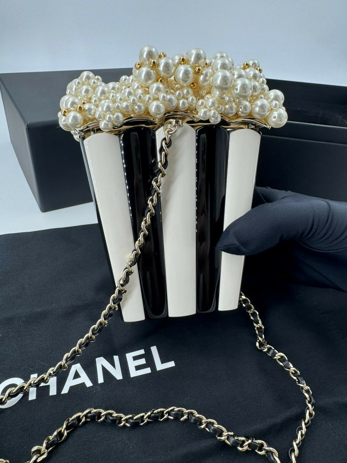 Chanel 2024 Imitation Pearl and Gold-tone Popcorn Minaudière Bag
