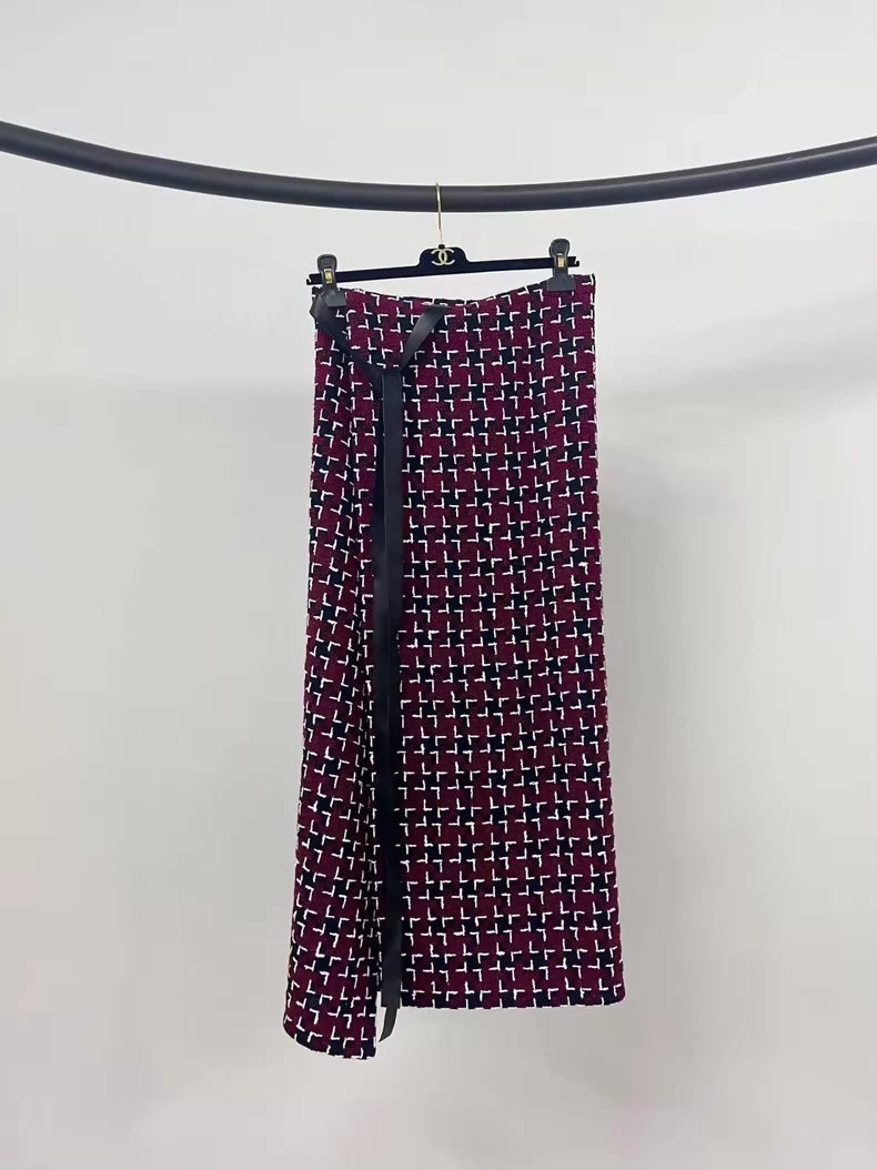 Chanel red plaid tweed suit