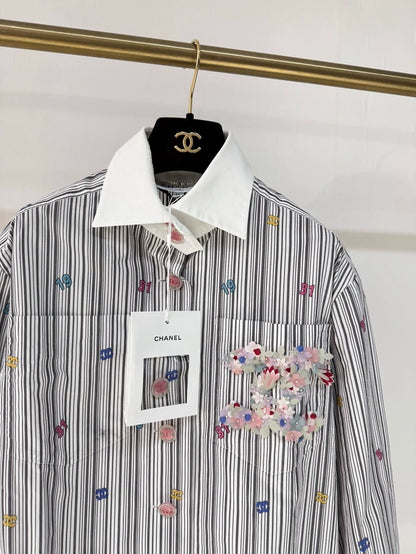 Chanel 23C Embroidery Striped Double C Floral Shirt Jacket