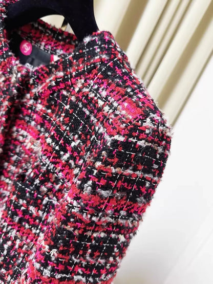Chanel 24A Red and Black tweed Check Midi Coat Dress