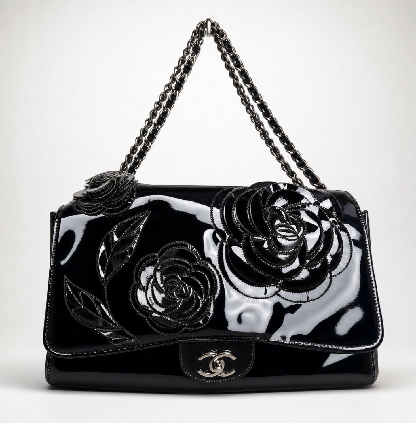 Chanel 10A Paris-Shanghai Jumbo Black Patent Leather Camellia Petals Accordion Flap Bag SHW