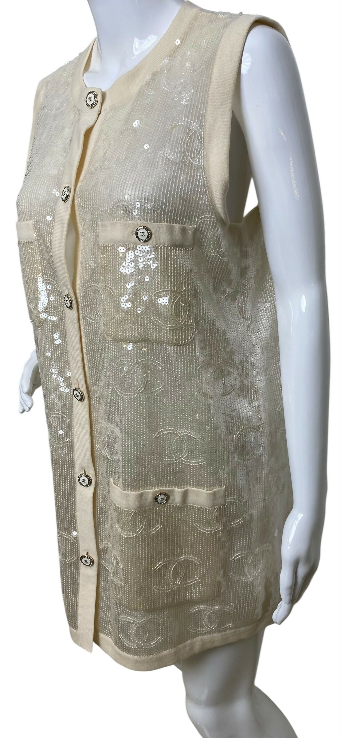 Rare Chanel 22S CC Sequin Cream Iridescent Vest Mini Dress Waistcoat Cardigan FR 40